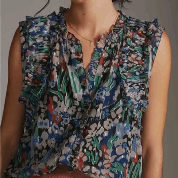 Anthropologie Let Me Be Metallic Sheer Floral Preppy Ruffle Career Top size XS - Picture 3 of 11